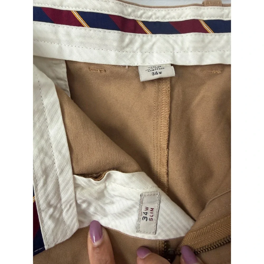 J.Crew Mens Tan Essential Khaki Flat Front Straight Leg Cuffed Chino Pants 34x32
